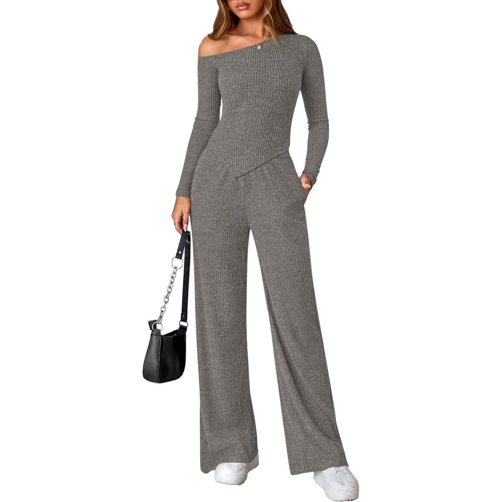 imagePRETTYGARDEN Fall Two Piece Sets For Women 2026 Off Shoulder Tops Long Pants Knit Matching Lounge Set Airport Travel OutfitsGrey