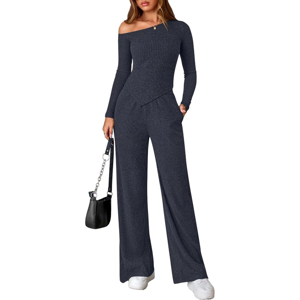 imagePRETTYGARDEN Fall Two Piece Sets For Women 2026 Off Shoulder Tops Long Pants Knit Matching Lounge Set Airport Travel OutfitsNavy