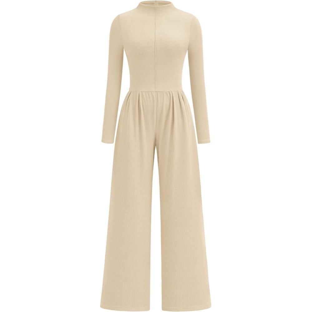 imagePRETTYGARDEN Long Sleeve Jumpsuit for Women 2026 Fall Date Night Rompers Dressy Casual One Piece Mock Neck Jumpsuits PocketsBeige