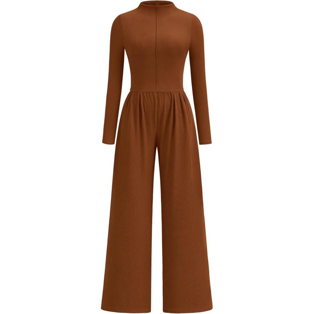 imagePRETTYGARDEN Long Sleeve Jumpsuit for Women 2026 Fall Date Night Rompers Dressy Casual One Piece Mock Neck Jumpsuits PocketsBrown