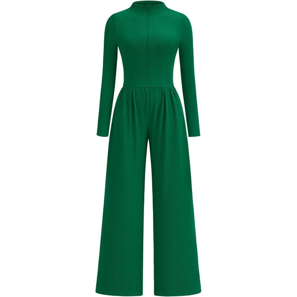 imagePRETTYGARDEN Long Sleeve Jumpsuit for Women 2026 Fall Date Night Rompers Dressy Casual One Piece Mock Neck Jumpsuits PocketsGreen