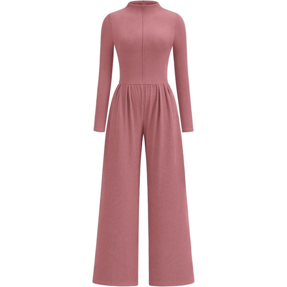 imagePRETTYGARDEN Long Sleeve Jumpsuit for Women 2026 Fall Date Night Rompers Dressy Casual One Piece Mock Neck Jumpsuits PocketsPink