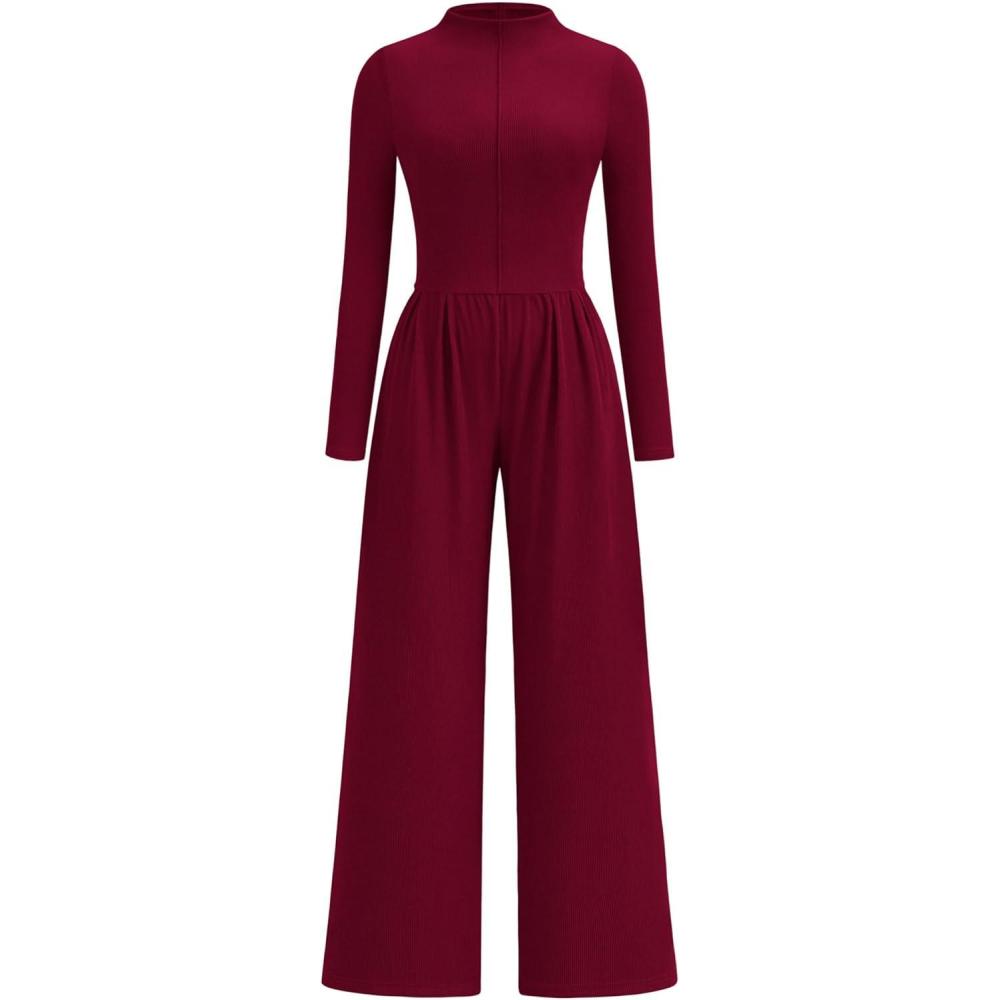 imagePRETTYGARDEN Long Sleeve Jumpsuit for Women 2026 Fall Date Night Rompers Dressy Casual One Piece Mock Neck Jumpsuits PocketsWine Red