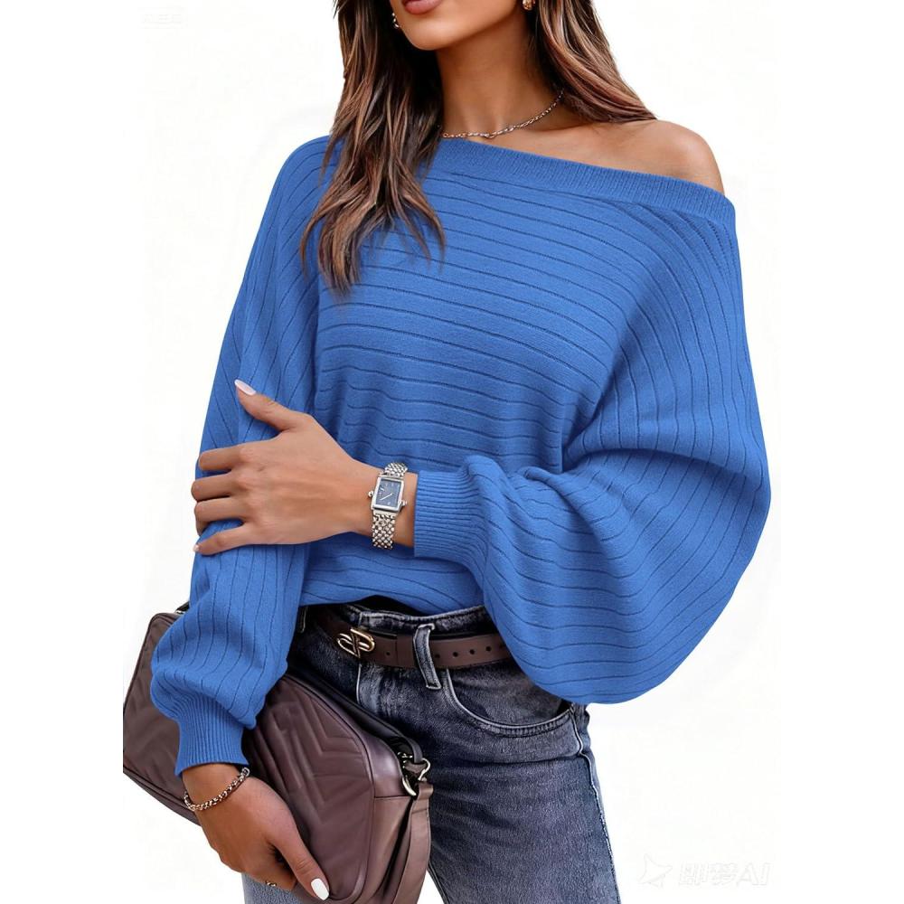 imagePRETTYGARDEN Sweaters for Women Oversized Spring Boat Neck Pullover Long Sleeve Knit Tops Cozy Fall Winter Fashion ClothingBlue