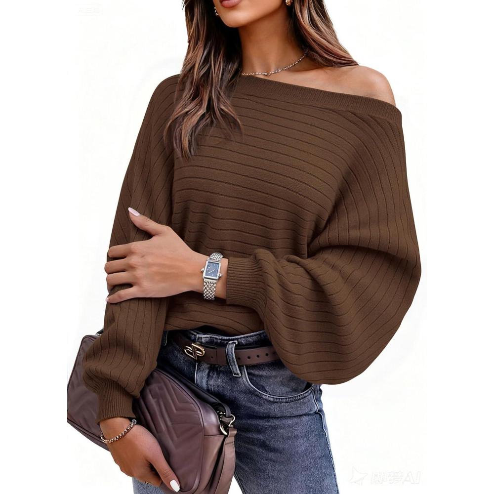 imagePRETTYGARDEN Sweaters for Women Oversized Spring Boat Neck Pullover Long Sleeve Knit Tops Cozy Fall Winter Fashion ClothingBrown