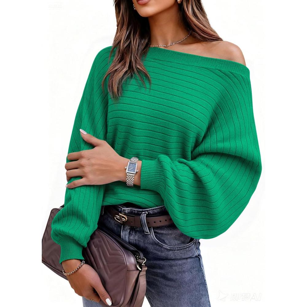 imagePRETTYGARDEN Sweaters for Women Oversized Spring Boat Neck Pullover Long Sleeve Knit Tops Cozy Fall Winter Fashion ClothingGreen