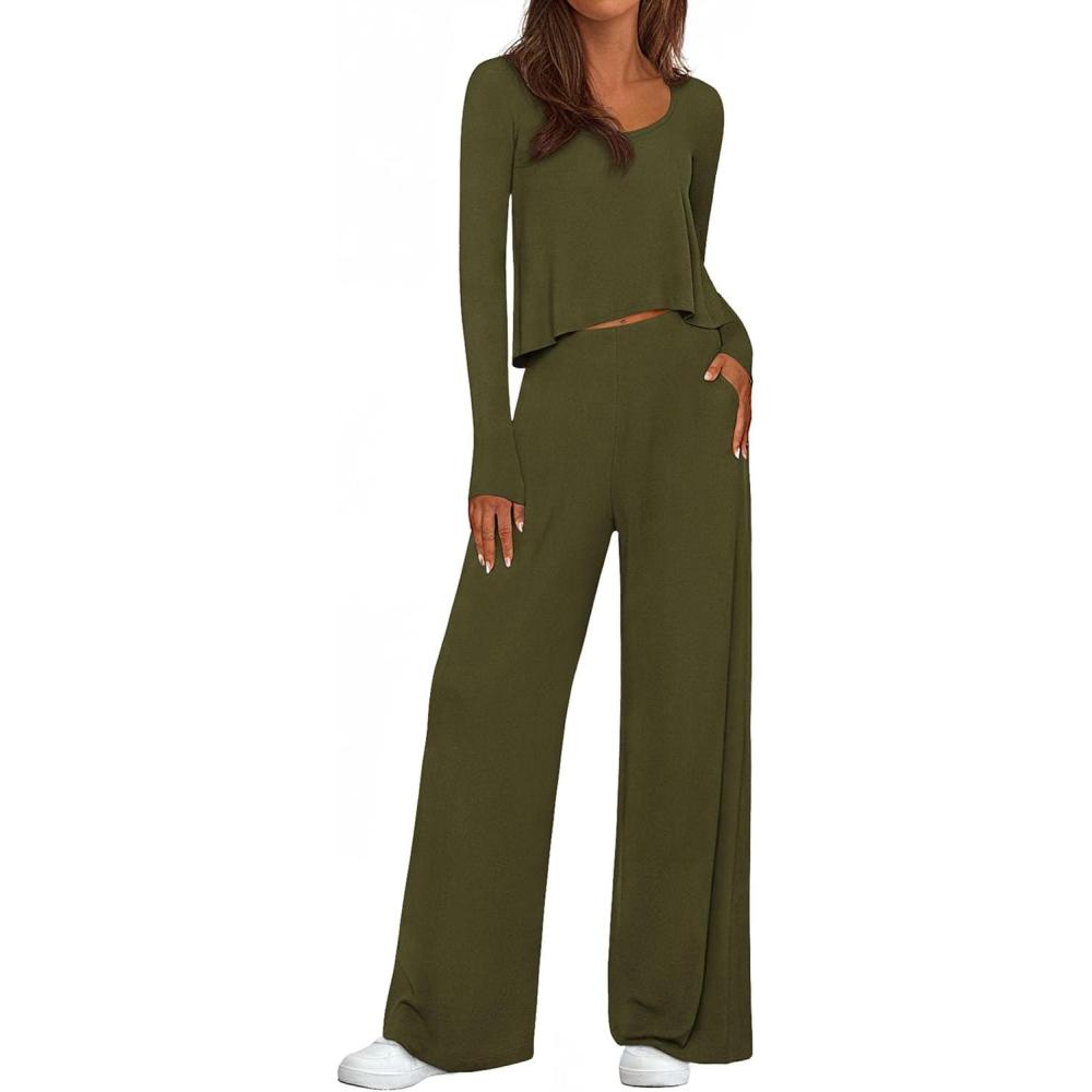 imagePRETTYGARDEN Womens 2 Piece Lounge Fall Sets Casual Long Sleeve Pajamas Comfy Pants Matching Spring Travel Outfits ClothesArmy Green