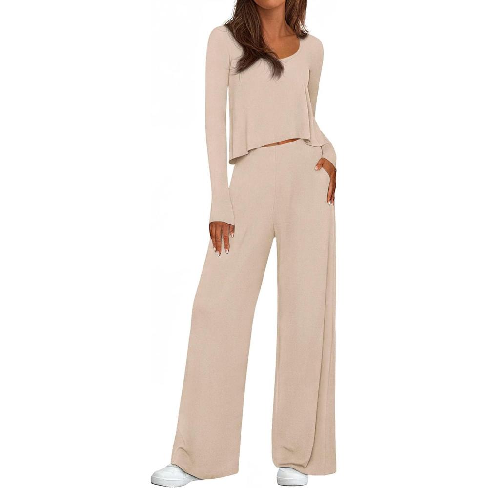 imagePRETTYGARDEN Womens 2 Piece Lounge Fall Sets Casual Long Sleeve Pajamas Comfy Pants Matching Spring Travel Outfits ClothesBeige