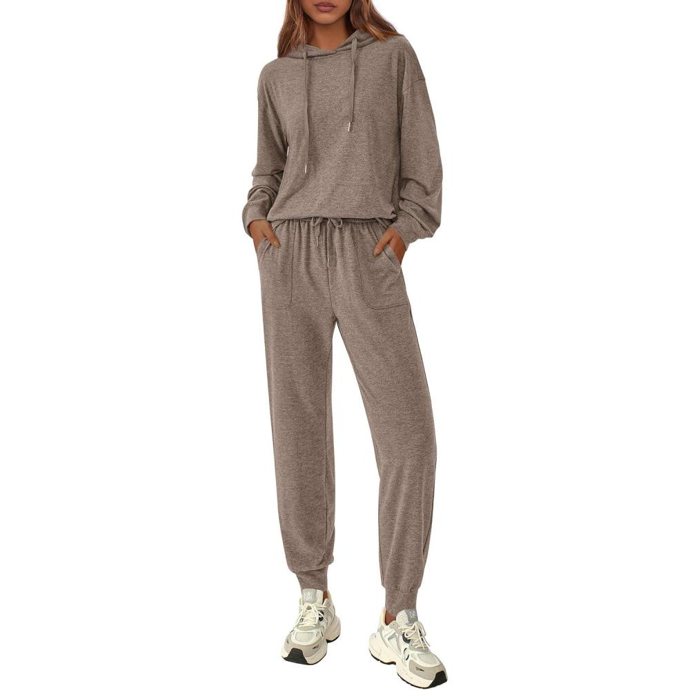 imagePRETTYGARDEN Womens 2 Piece Lounge Sets Fall Clothes Hoodies Sweatshirt Joggers Sweatpants Sweatsuits 2026 Airport OutfitsBrown
