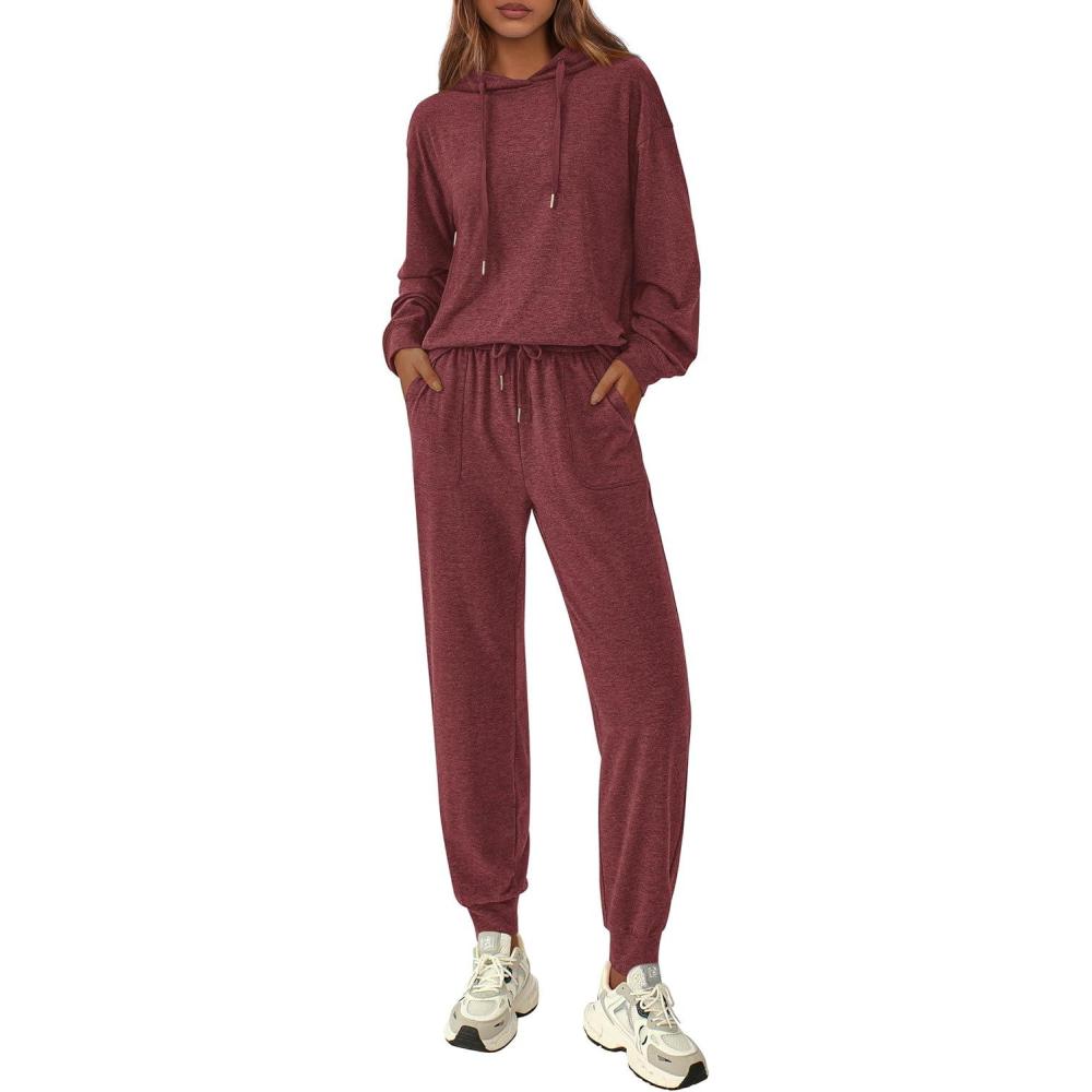 imagePRETTYGARDEN Womens 2 Piece Lounge Sets Fall Clothes Hoodies Sweatshirt Joggers Sweatpants Sweatsuits 2026 Airport OutfitsBurgundy
