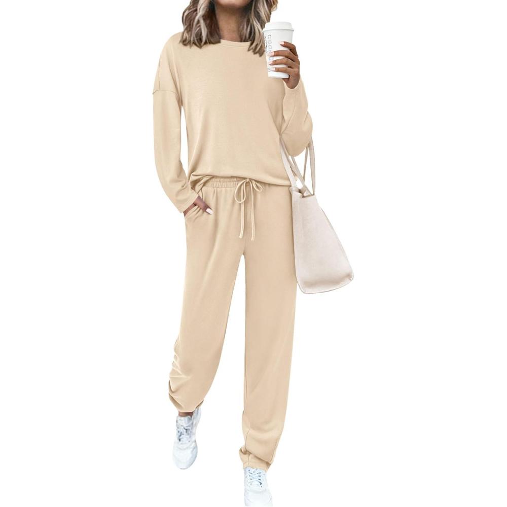 imagePRETTYGARDEN Womens 2 Piece Matching Lounge Sets 2025 Fall Long Sleeve Boatneck Sweatsuit Drawstring Sweatpants PocketsBeige