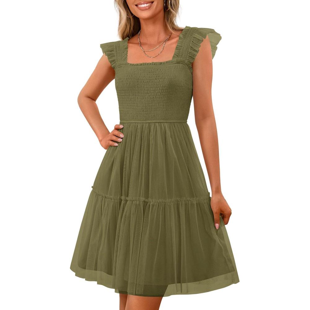 imagePRETTYGARDEN Womens 2025 Trendy Mini Summer Dresses Sleeveless Tulle Ruffle Square Neck Tiered Smocked Beach Vacation DressArmy Green