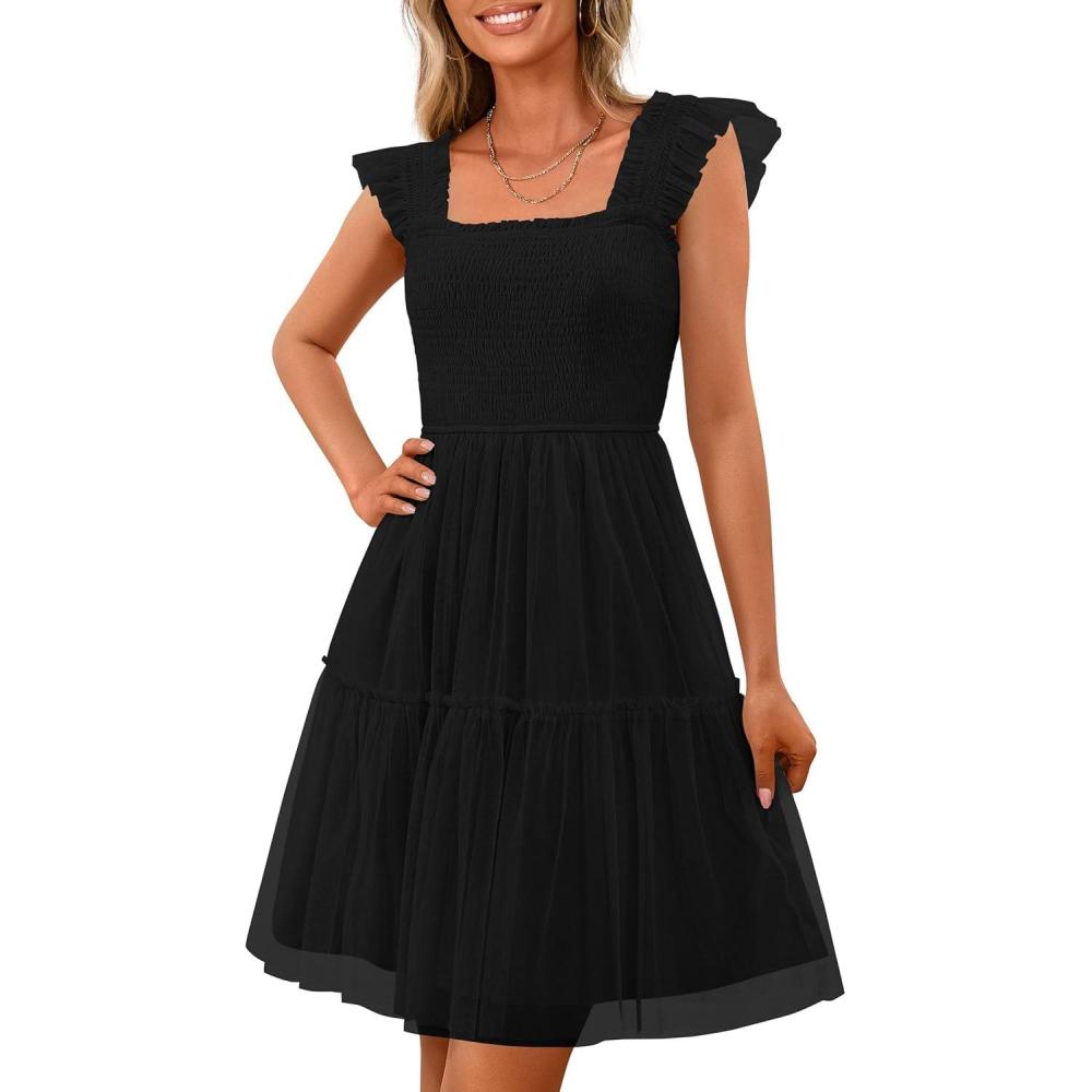 imagePRETTYGARDEN Womens 2025 Trendy Mini Summer Dresses Sleeveless Tulle Ruffle Square Neck Tiered Smocked Beach Vacation DressBlack