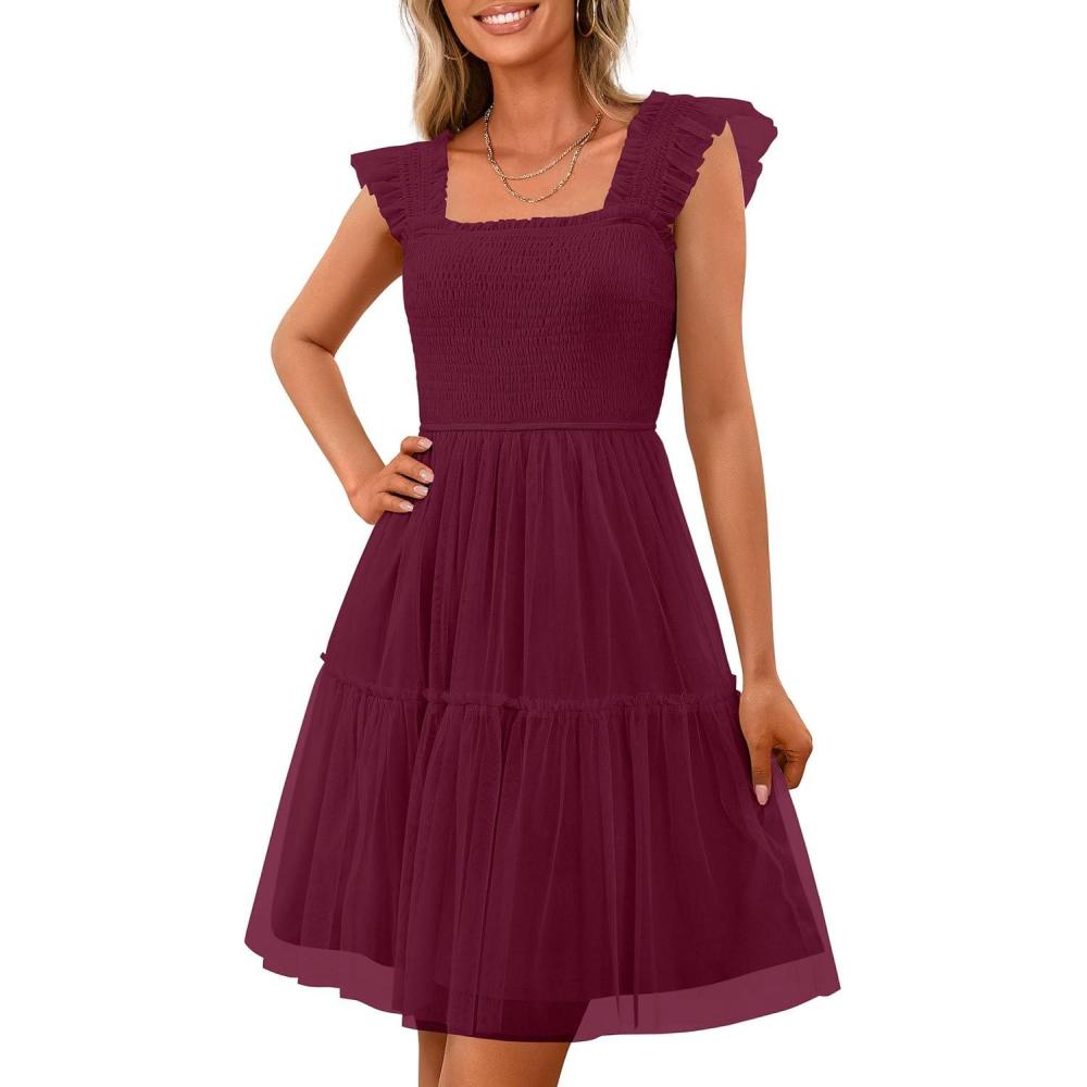 imagePRETTYGARDEN Womens 2025 Trendy Mini Summer Dresses Sleeveless Tulle Ruffle Square Neck Tiered Smocked Beach Vacation DressWine Red