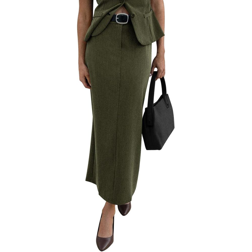 imagePRETTYGARDEN Womens 2026 Fall Maxi Pencil Skirt High Waisted Slit Work Office Trendy Long Skirts Business Casual OutfitsArmy Green