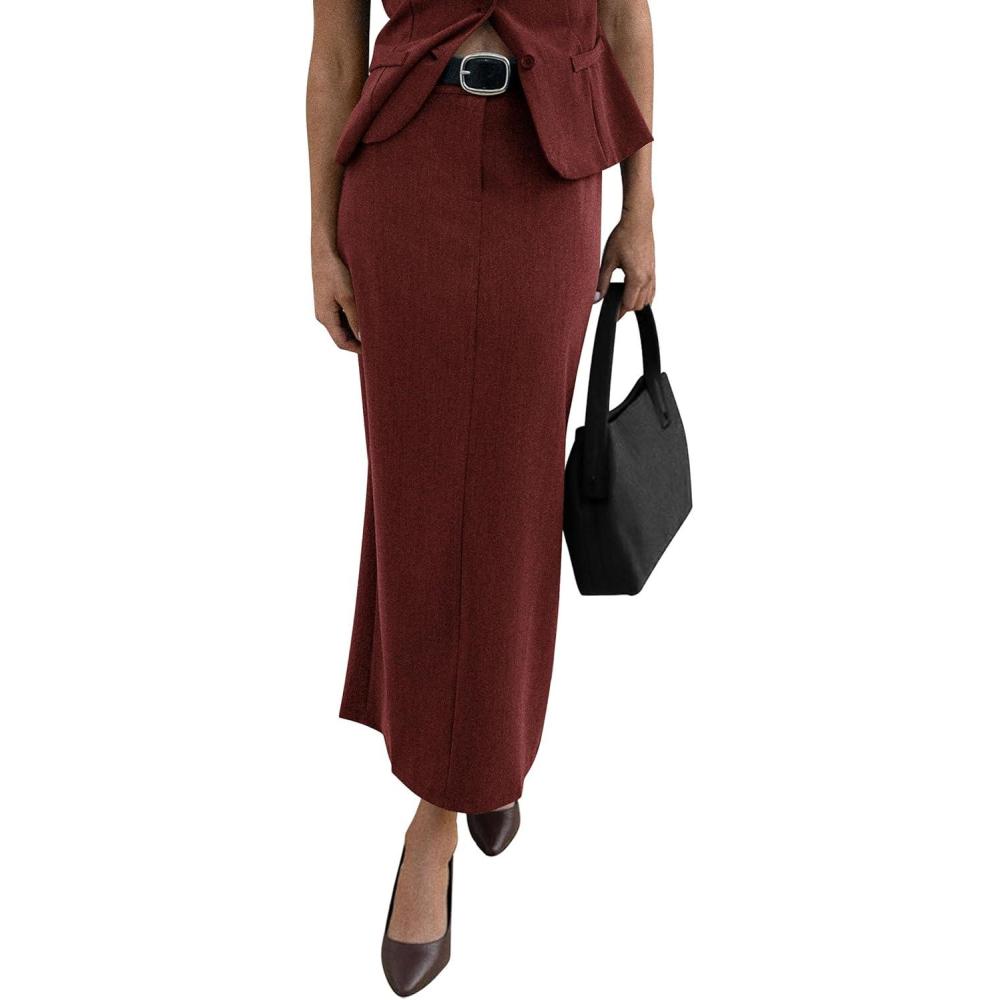 imagePRETTYGARDEN Womens 2026 Fall Maxi Pencil Skirt High Waisted Slit Work Office Trendy Long Skirts Business Casual OutfitsBrick Red