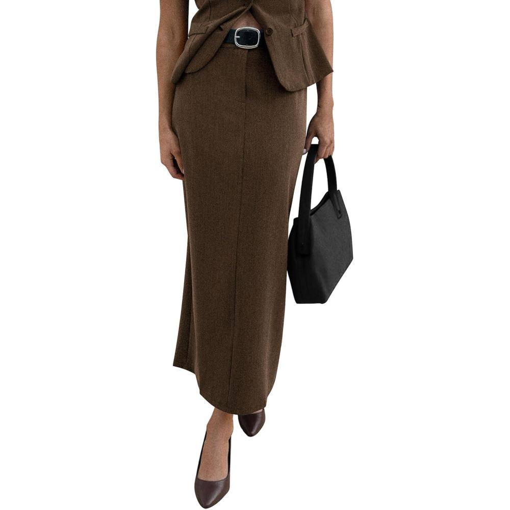 imagePRETTYGARDEN Womens 2026 Fall Maxi Pencil Skirt High Waisted Slit Work Office Trendy Long Skirts Business Casual OutfitsBrown