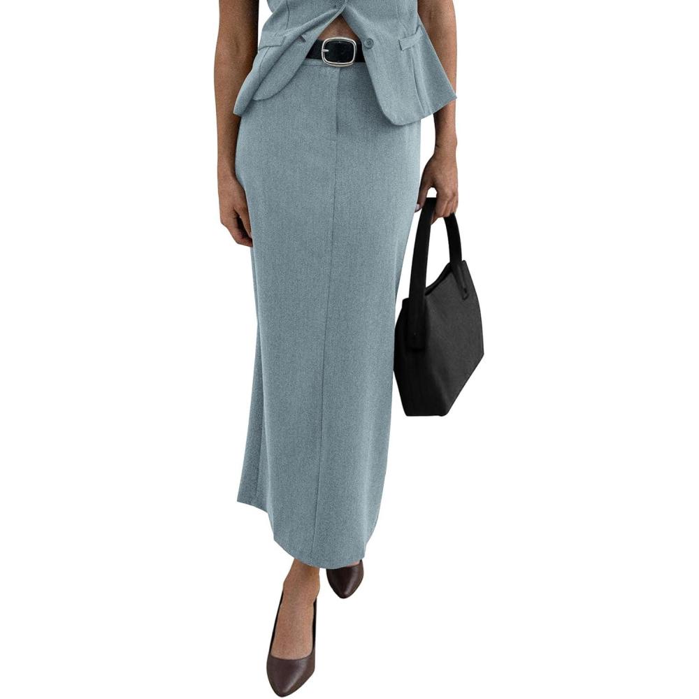 imagePRETTYGARDEN Womens 2026 Fall Maxi Pencil Skirt High Waisted Slit Work Office Trendy Long Skirts Business Casual OutfitsLight Blue