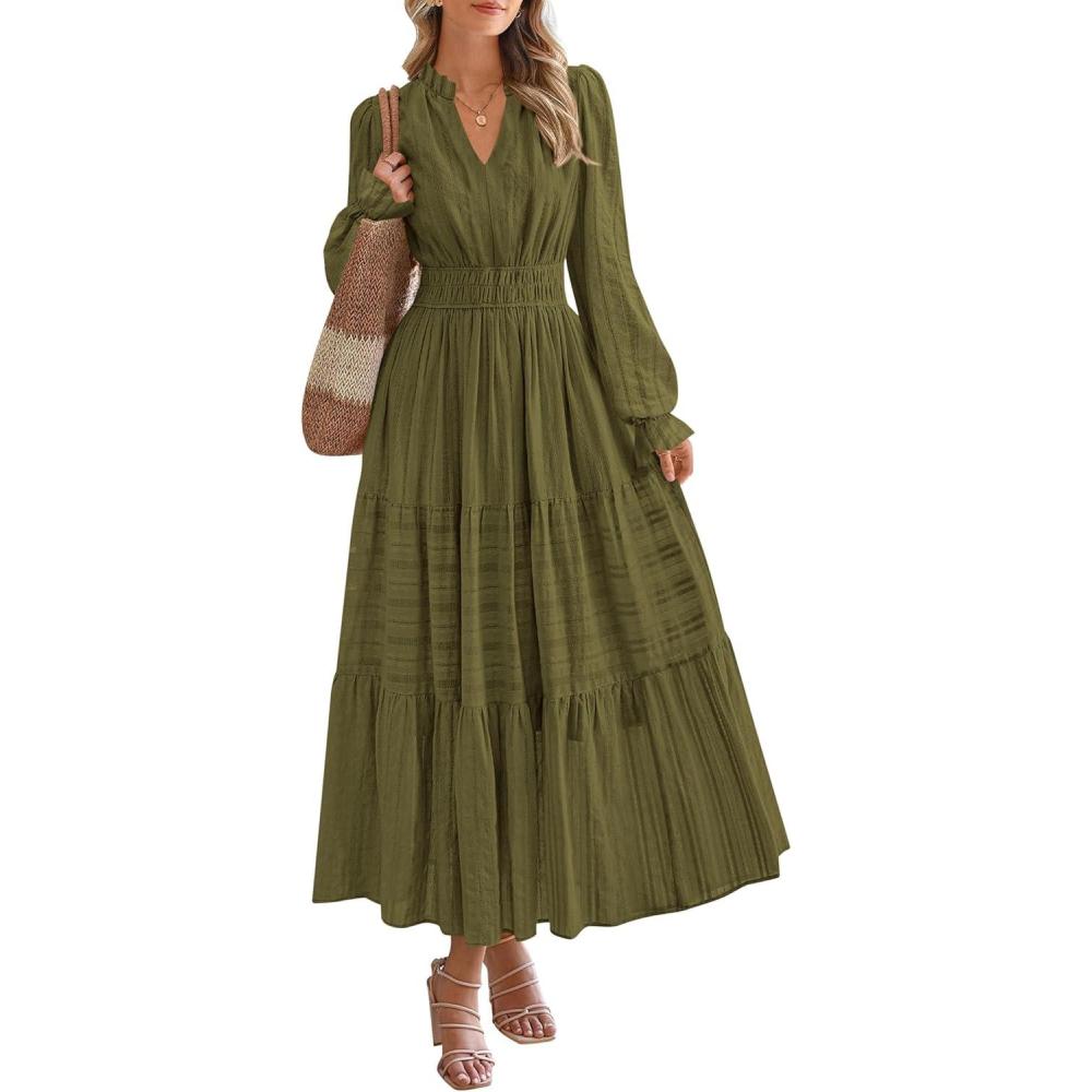 imagePRETTYGARDEN Womens 2026 Fall Wedding Guest Dresses Long Sleeve V Neck Flowy Elegant Holiday Party Maxi Dress with PocketsArmy Green