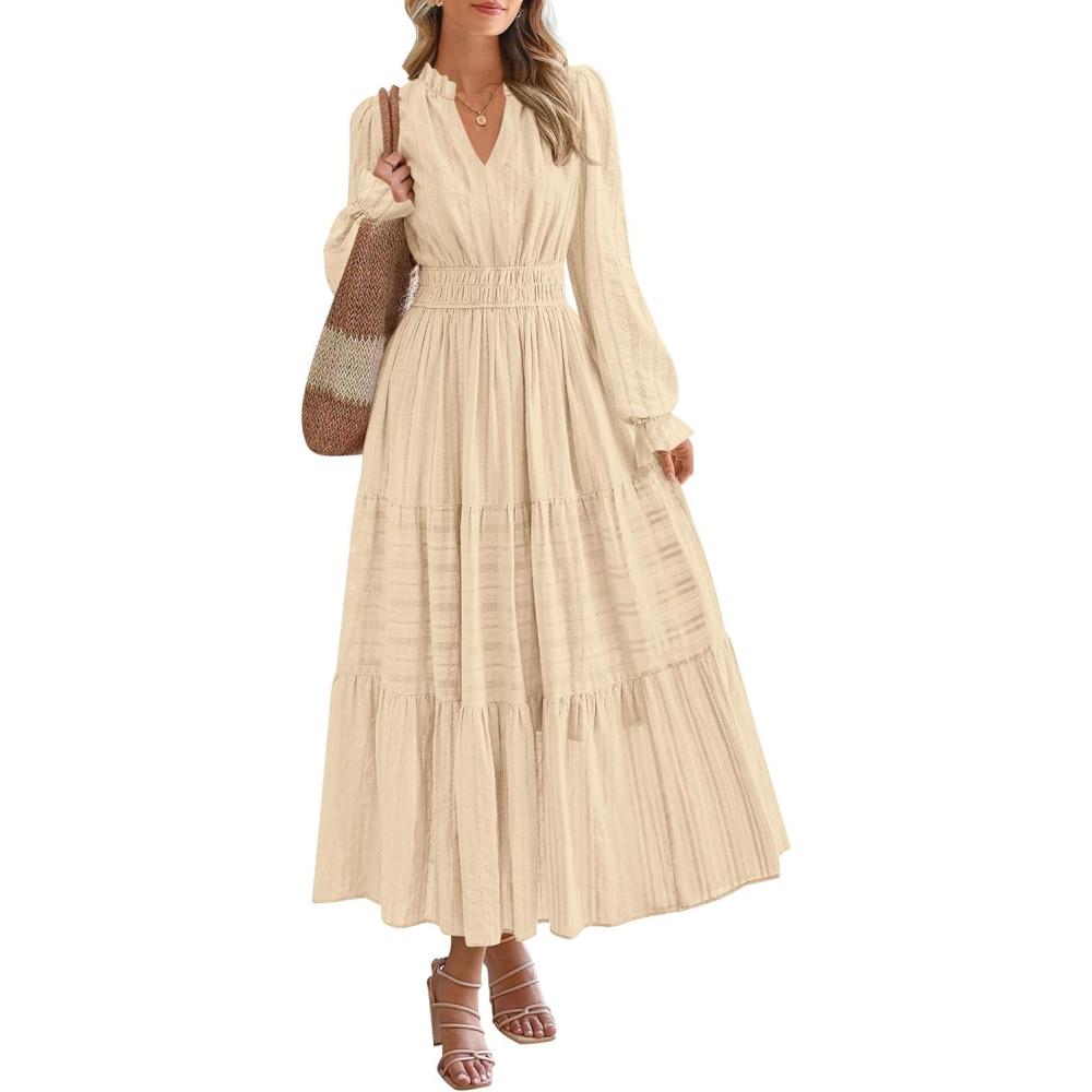 imagePRETTYGARDEN Womens 2026 Fall Wedding Guest Dresses Long Sleeve V Neck Flowy Elegant Holiday Party Maxi Dress with PocketsBeige