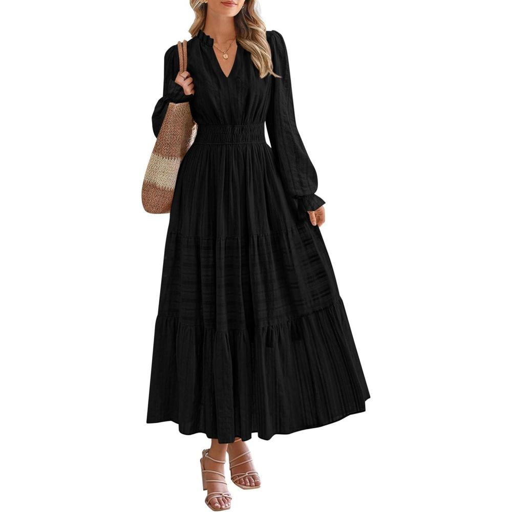 imagePRETTYGARDEN Womens 2026 Fall Wedding Guest Dresses Long Sleeve V Neck Flowy Elegant Holiday Party Maxi Dress with PocketsBlack