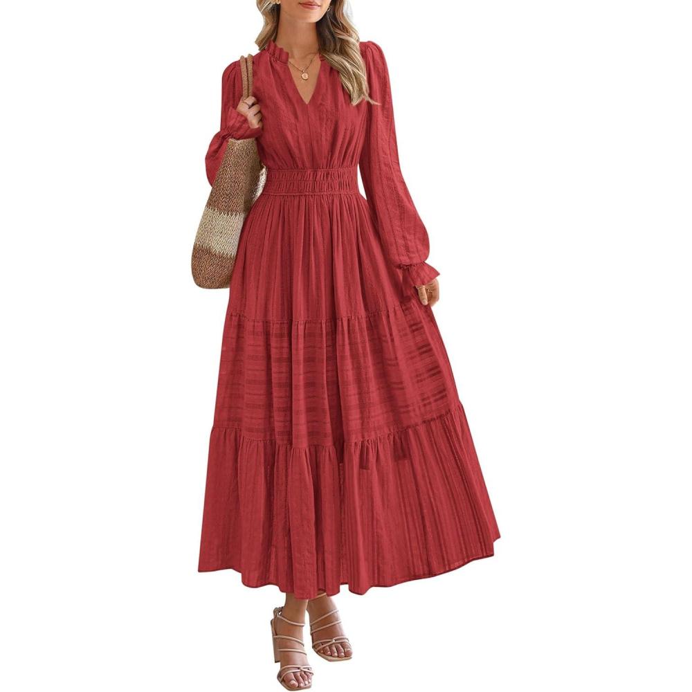 imagePRETTYGARDEN Womens 2026 Fall Wedding Guest Dresses Long Sleeve V Neck Flowy Elegant Holiday Party Maxi Dress with PocketsBrick Red