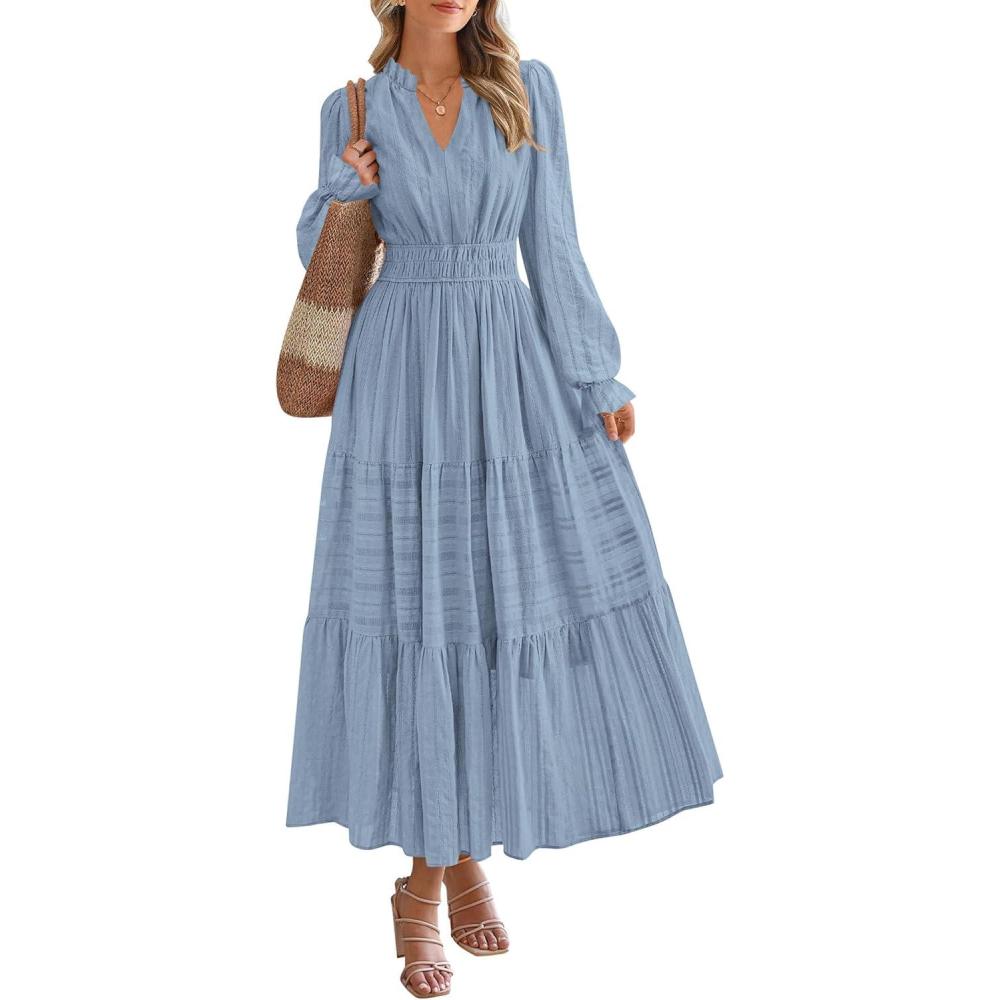 imagePRETTYGARDEN Womens 2026 Fall Wedding Guest Dresses Long Sleeve V Neck Flowy Elegant Holiday Party Maxi Dress with PocketsLight Blue