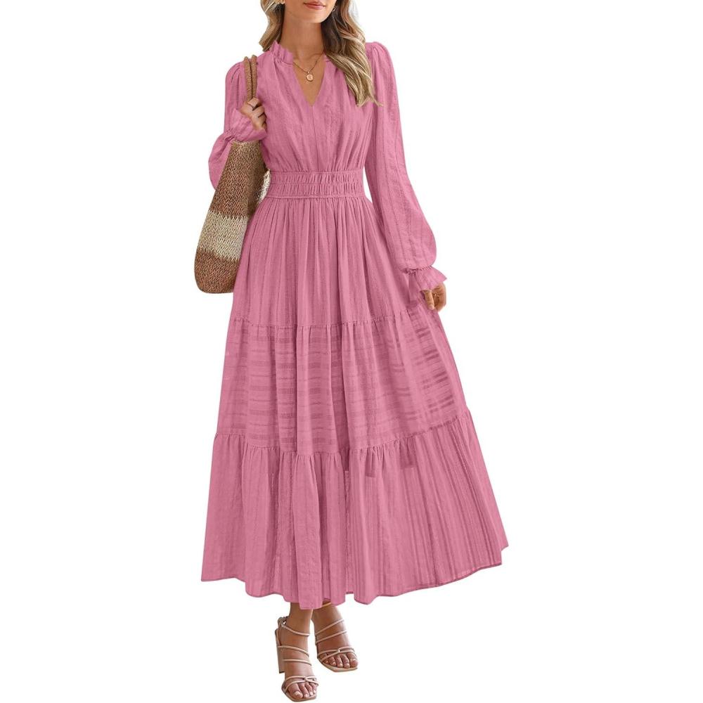 imagePRETTYGARDEN Womens 2026 Fall Wedding Guest Dresses Long Sleeve V Neck Flowy Elegant Holiday Party Maxi Dress with PocketsPink