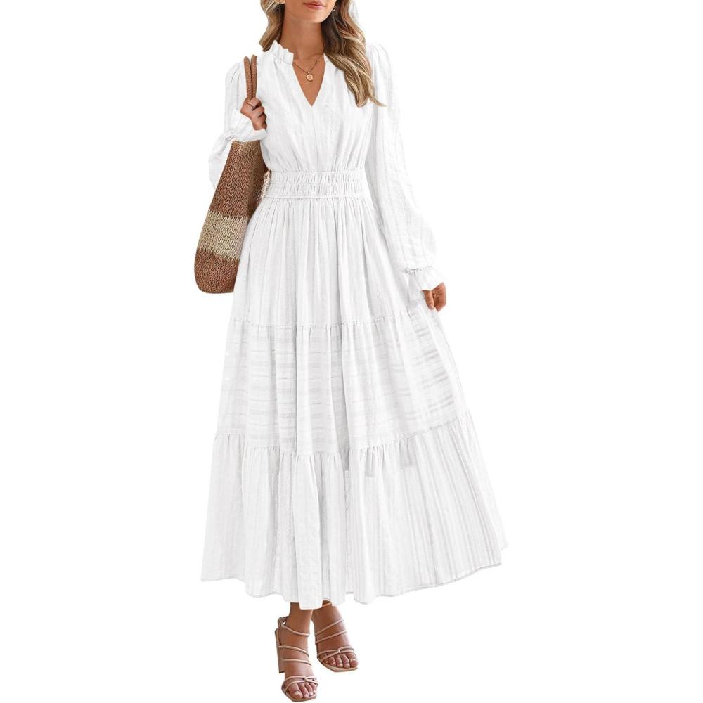imagePRETTYGARDEN Womens 2026 Fall Wedding Guest Dresses Long Sleeve V Neck Flowy Elegant Holiday Party Maxi Dress with PocketsWhite