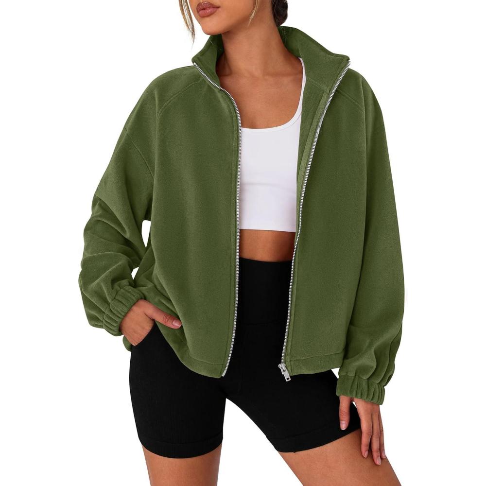 imagePRETTYGARDEN Womens 2026 Winter Fleece Sherpa Jacket Trendy Long Sleeve Zip Up Cropped Warm Coat Fall Fashion Workout ClothesArmy Green