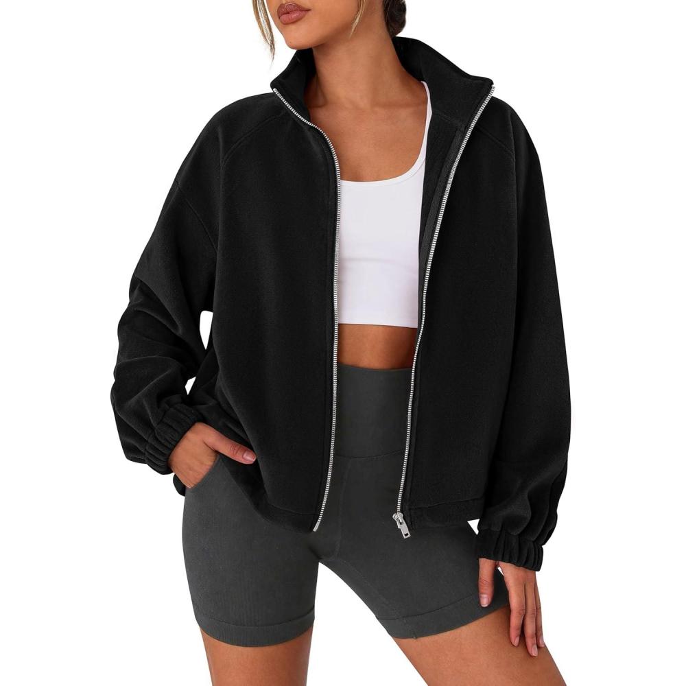 imagePRETTYGARDEN Womens 2026 Winter Fleece Sherpa Jacket Trendy Long Sleeve Zip Up Cropped Warm Coat Fall Fashion Workout ClothesBlack