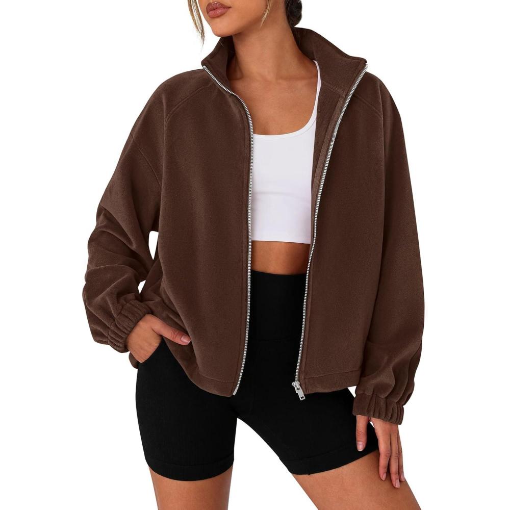 imagePRETTYGARDEN Womens 2026 Winter Fleece Sherpa Jacket Trendy Long Sleeve Zip Up Cropped Warm Coat Fall Fashion Workout ClothesBrown