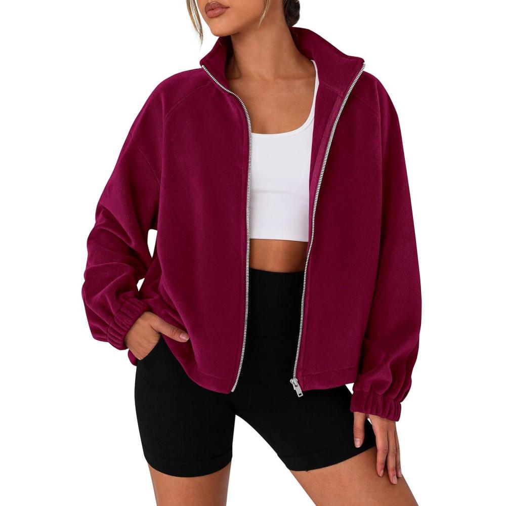 imagePRETTYGARDEN Womens 2026 Winter Fleece Sherpa Jacket Trendy Long Sleeve Zip Up Cropped Warm Coat Fall Fashion Workout ClothesBurgundy