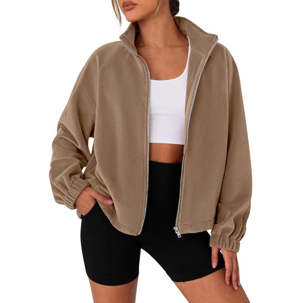 imagePRETTYGARDEN Womens 2026 Winter Fleece Sherpa Jacket Trendy Long Sleeve Zip Up Cropped Warm Coat Fall Fashion Workout ClothesKhaki