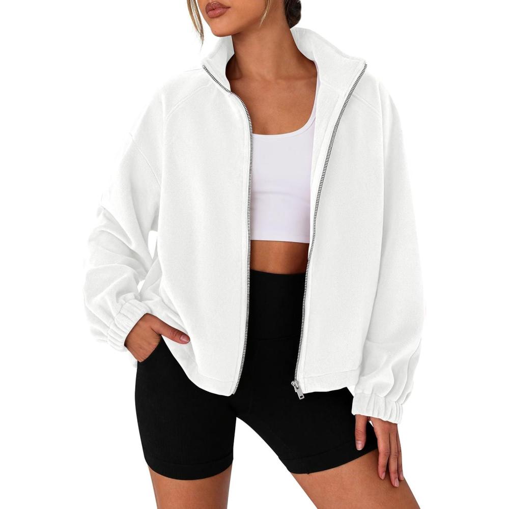 imagePRETTYGARDEN Womens 2026 Winter Fleece Sherpa Jacket Trendy Long Sleeve Zip Up Cropped Warm Coat Fall Fashion Workout ClothesWhite