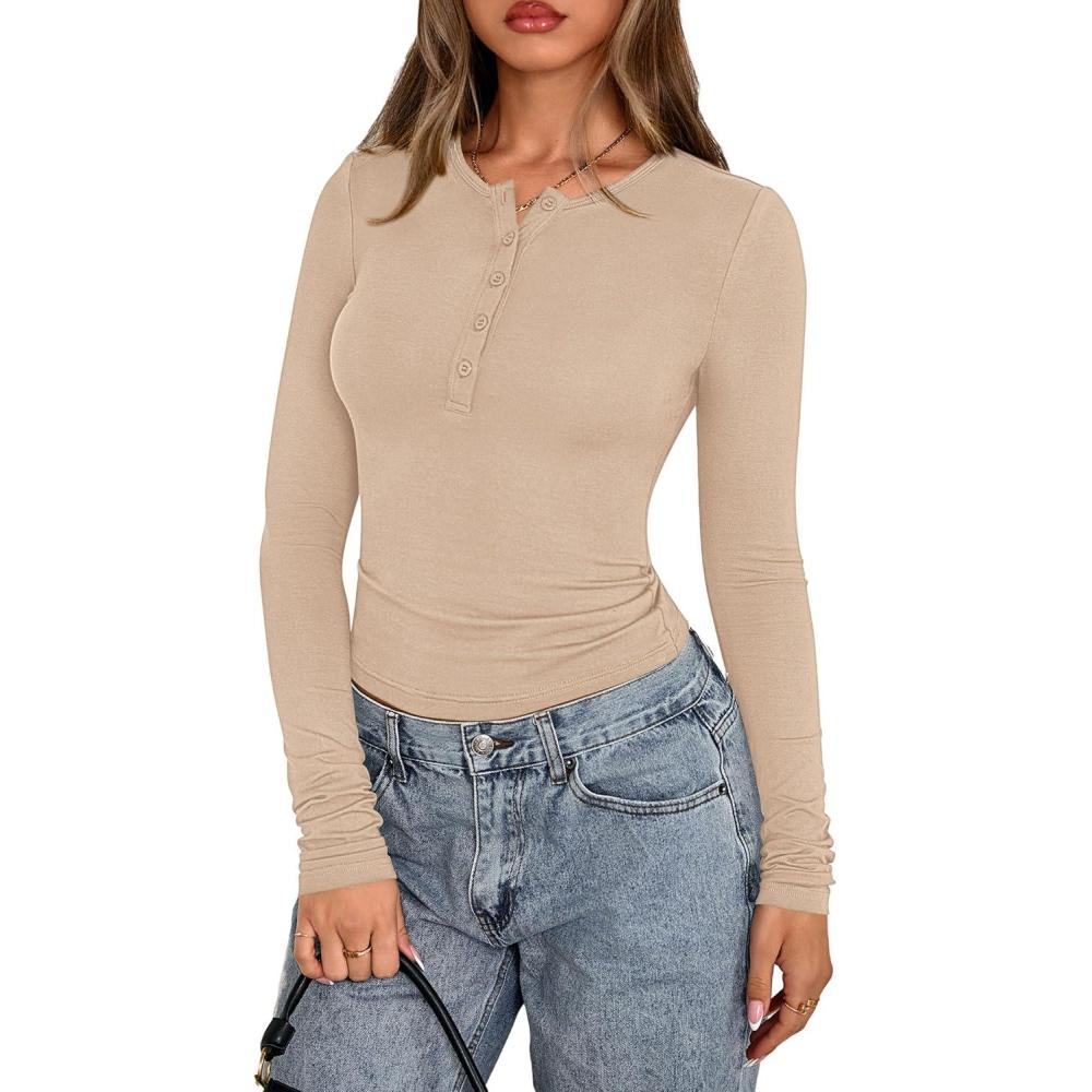 imagePRETTYGARDEN Womens Casual Long Sleeve Tops 2026 Fall Crew Neck Fitted Henley Shirts Basic Tee Blouse Knit Going Out OutfitsBeige