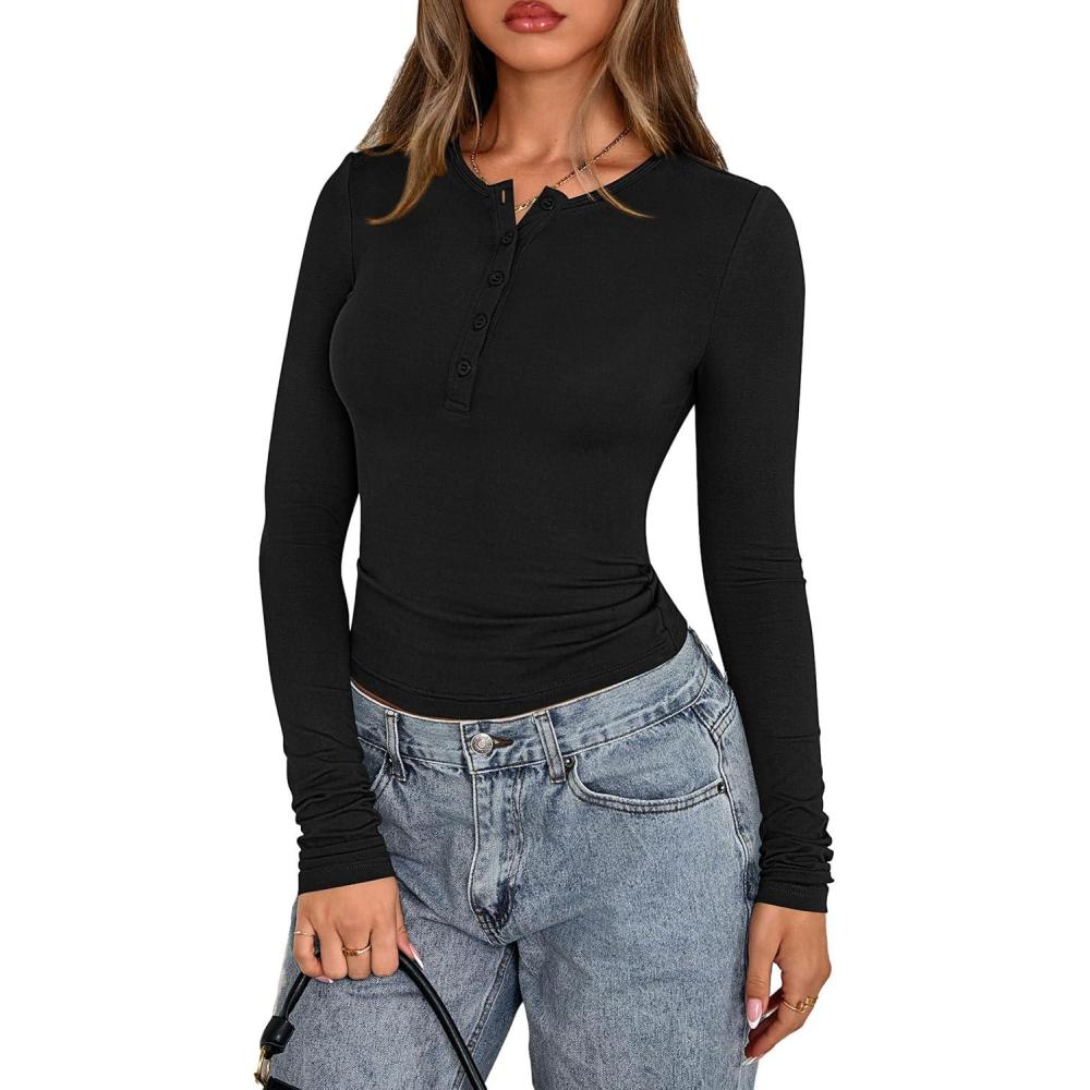 imagePRETTYGARDEN Womens Casual Long Sleeve Tops 2026 Fall Crew Neck Fitted Henley Shirts Basic Tee Blouse Knit Going Out OutfitsBlack