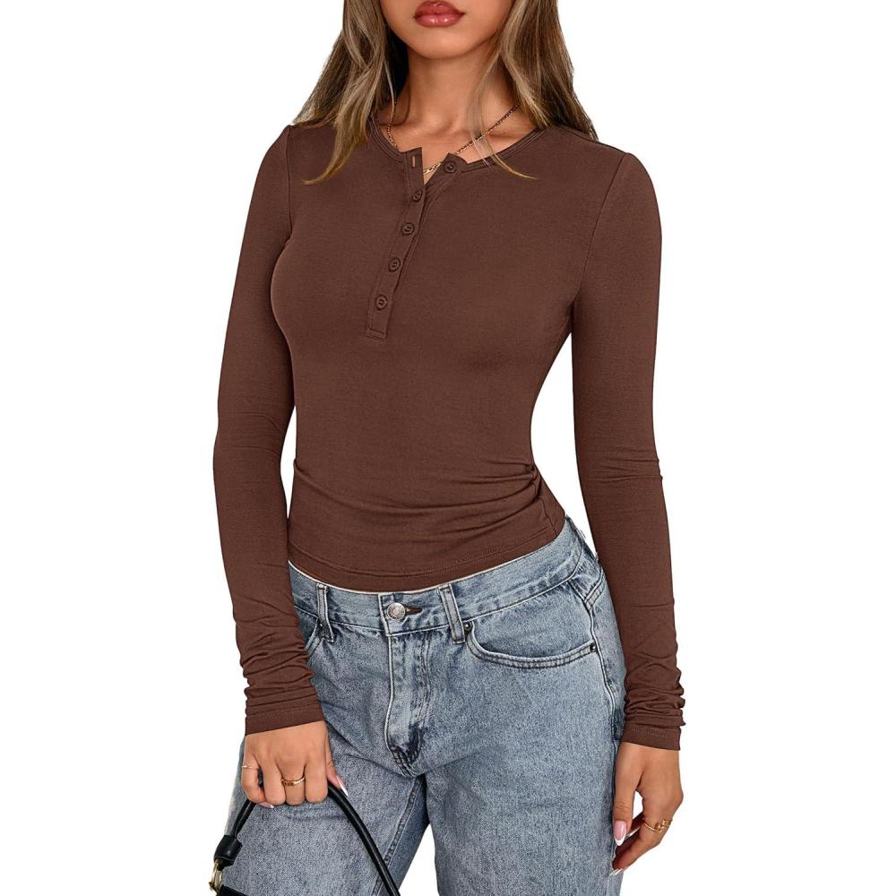 imagePRETTYGARDEN Womens Casual Long Sleeve Tops 2026 Fall Crew Neck Fitted Henley Shirts Basic Tee Blouse Knit Going Out OutfitsBrown