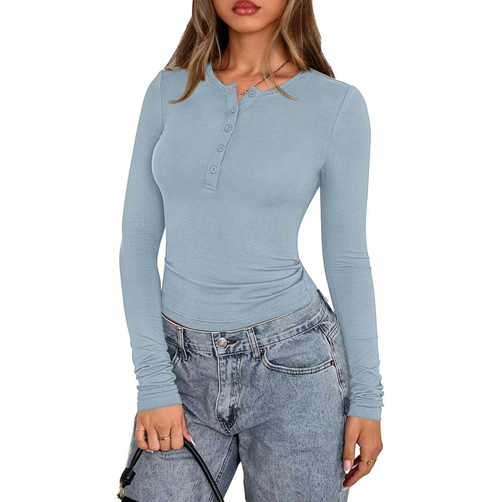 imagePRETTYGARDEN Womens Casual Long Sleeve Tops 2026 Fall Crew Neck Fitted Henley Shirts Basic Tee Blouse Knit Going Out OutfitsSky Blue
