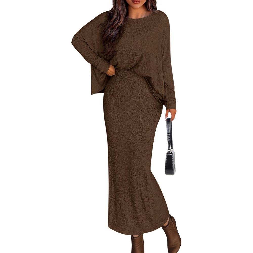 imagePRETTYGARDEN Womens Fall 2026 Two Piece Matching Skirt Sets Long Sleeve Tops Maxi Long Slit Bodycon Skirts Vacation OutfitsBrown