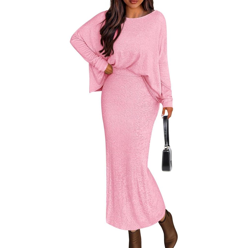 imagePRETTYGARDEN Womens Fall 2026 Two Piece Matching Skirt Sets Long Sleeve Tops Maxi Long Slit Bodycon Skirts Vacation OutfitsPink