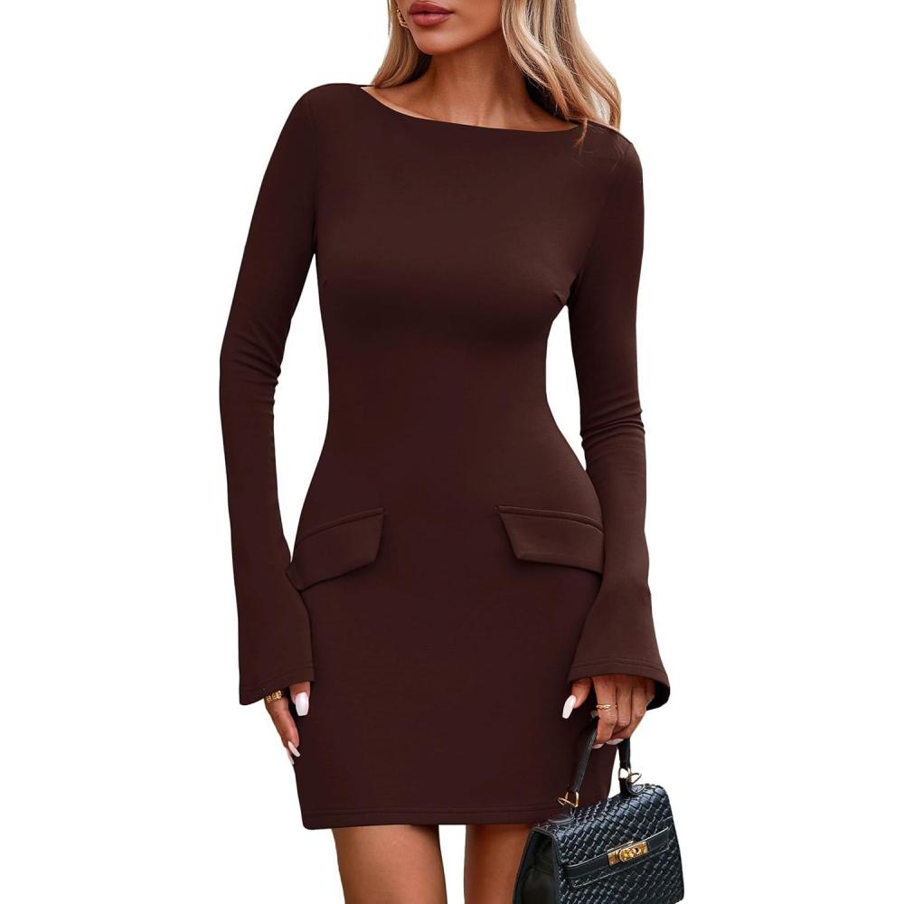 imagePRETTYGARDEN Womens Fall Long Sleeve Mini Dress 2025 Trendy Boat Neck Bodycon Knit Elegant Short Party Formal DressesBrown
