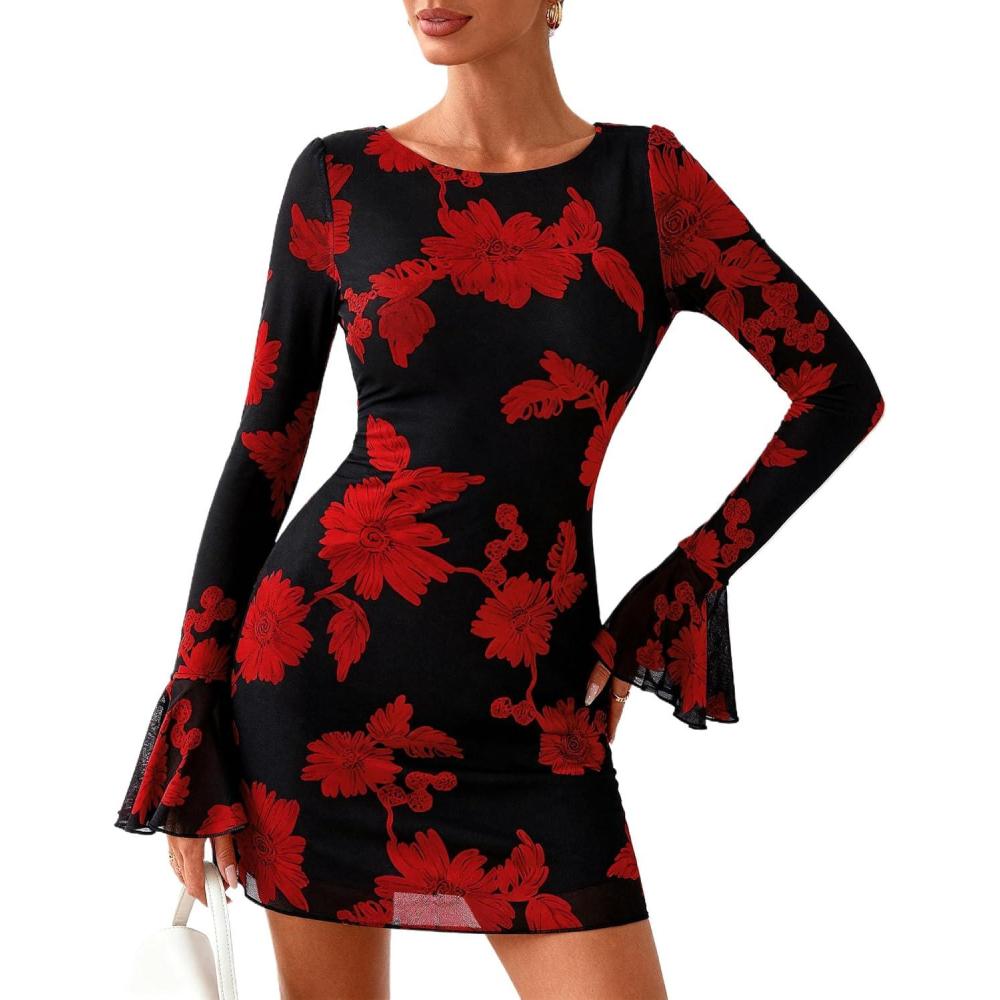 imagePRETTYGARDEN Womens Floral Dress Spring Fall Fashion Long Bell Sleeve Flower Mini Short Mesh Bodycon Party DressesFloral Black Red