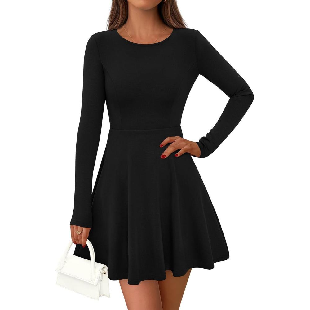 imagePRETTYGARDEN Womens Long Sleeve Cocktail Mini Dress 2026 Fall Crew Neck A Line Homecoming Party Short Dresses Elegant ClassyBlack