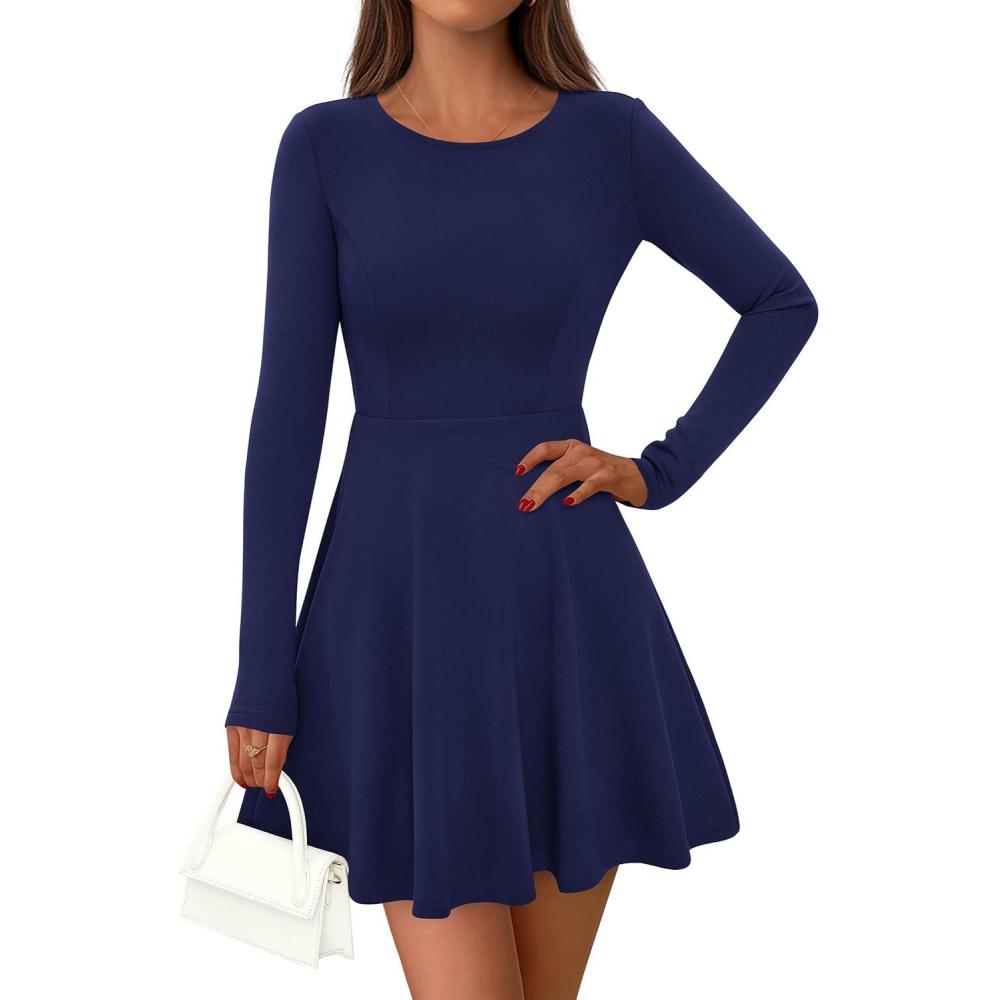 imagePRETTYGARDEN Womens Long Sleeve Cocktail Mini Dress 2026 Fall Crew Neck A Line Homecoming Party Short Dresses Elegant ClassyNavy Blue