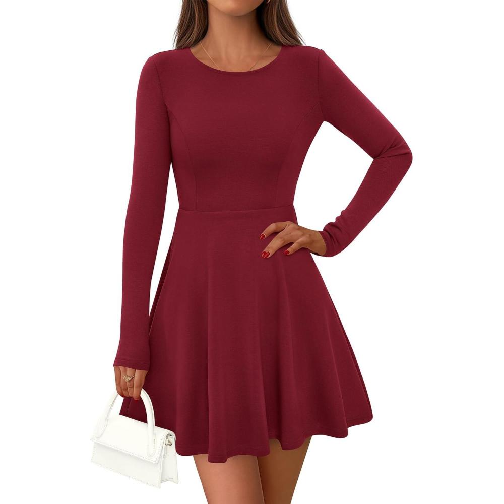 imagePRETTYGARDEN Womens Long Sleeve Cocktail Mini Dress 2026 Fall Crew Neck A Line Homecoming Party Short Dresses Elegant ClassyWine Red