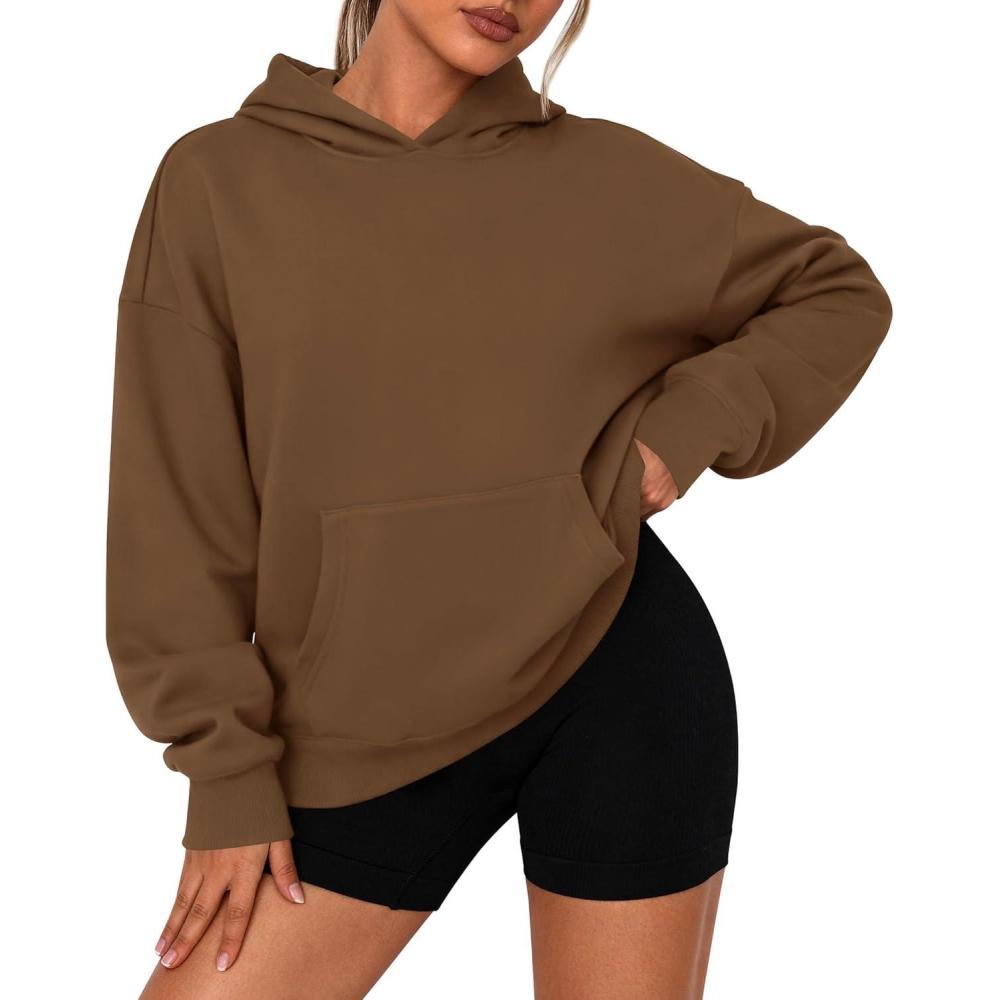imagePRETTYGARDEN Womens Oversized Hoodies Fleece Sweatshirts Fall Fashion 2026 Long Sleeve Pullover Tops Y2k Winter ClothesBrown