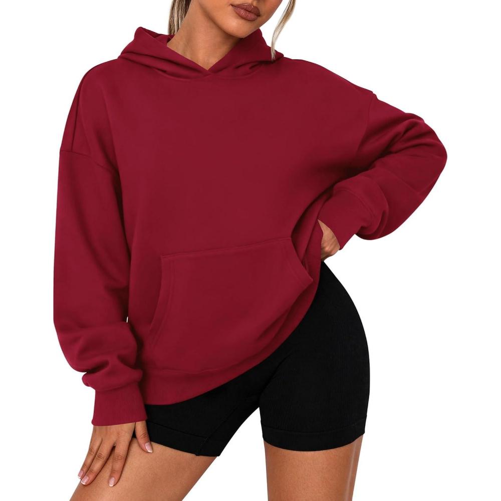 imagePRETTYGARDEN Womens Oversized Hoodies Fleece Sweatshirts Fall Fashion 2026 Long Sleeve Pullover Tops Y2k Winter ClothesBurgundy