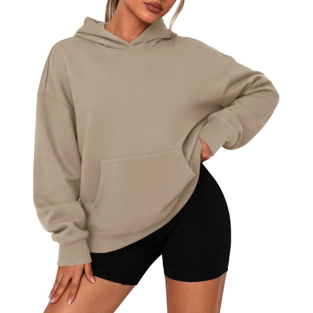 imagePRETTYGARDEN Womens Oversized Hoodies Fleece Sweatshirts Fall Fashion 2026 Long Sleeve Pullover Tops Y2k Winter ClothesKhaki