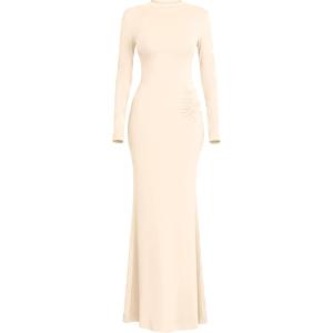 PRETTYGARDEN Fall Dresses for Women 2026 Long Sleeve Bodycon Mock Neck Ruched Maxi Formal Cocktail Wedding Guest Dress(Apricot)